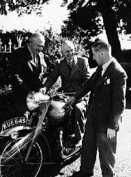George Shemans with Rem Fowler, Jack Marshall and the first Triumph Thunderbird